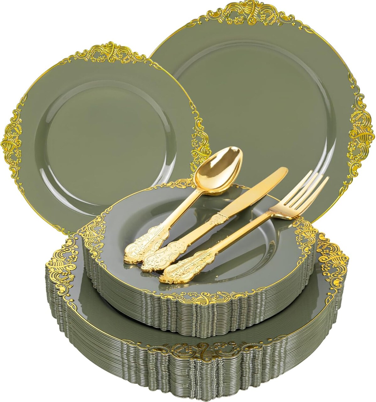 125PCS Olive Green Plastic Plates - Green and Gold Disposable Plates - Vintage Plate with Gold Plastic Silverware Sets for 25 Guests for Wedding & Party